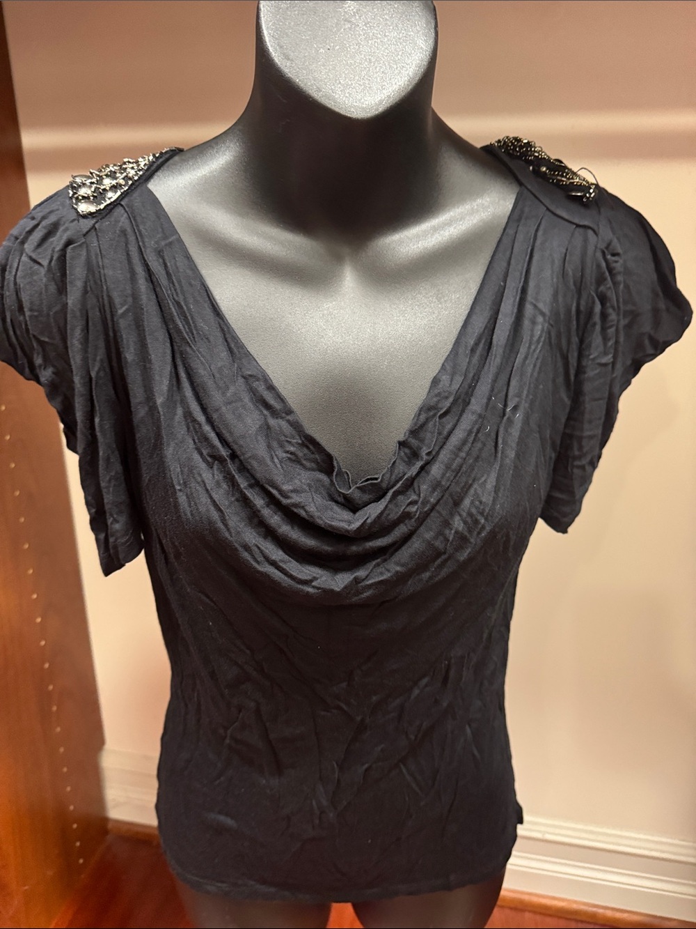 Express Black Draped Cowl Neck Top with Beaded Shoulders